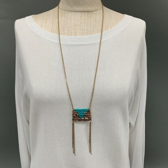 Bay to Baubles Pendant Necklace Indiana Beaded Turquoise Gold-Tone Square NIB - Picture 1 of 6
